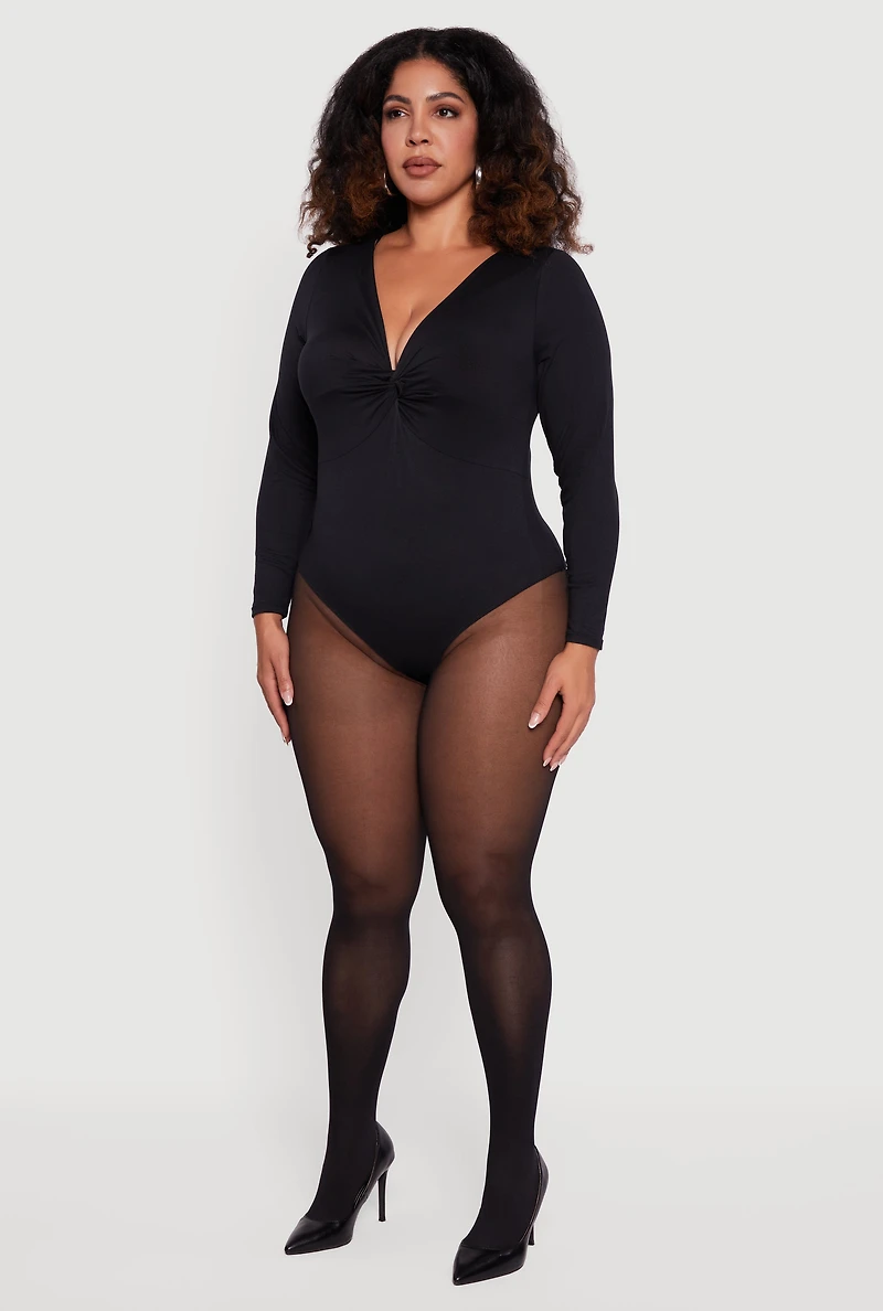 Womens Plus Size Twist Front Plunge Neck Long Sleeve Bodysuit, Black, Size 1X