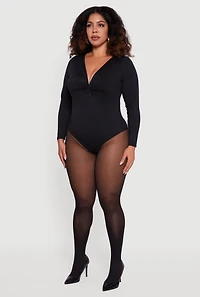 Womens Plus Size Twist Front Plunge Neck Long Sleeve Bodysuit, Black, Size 1X