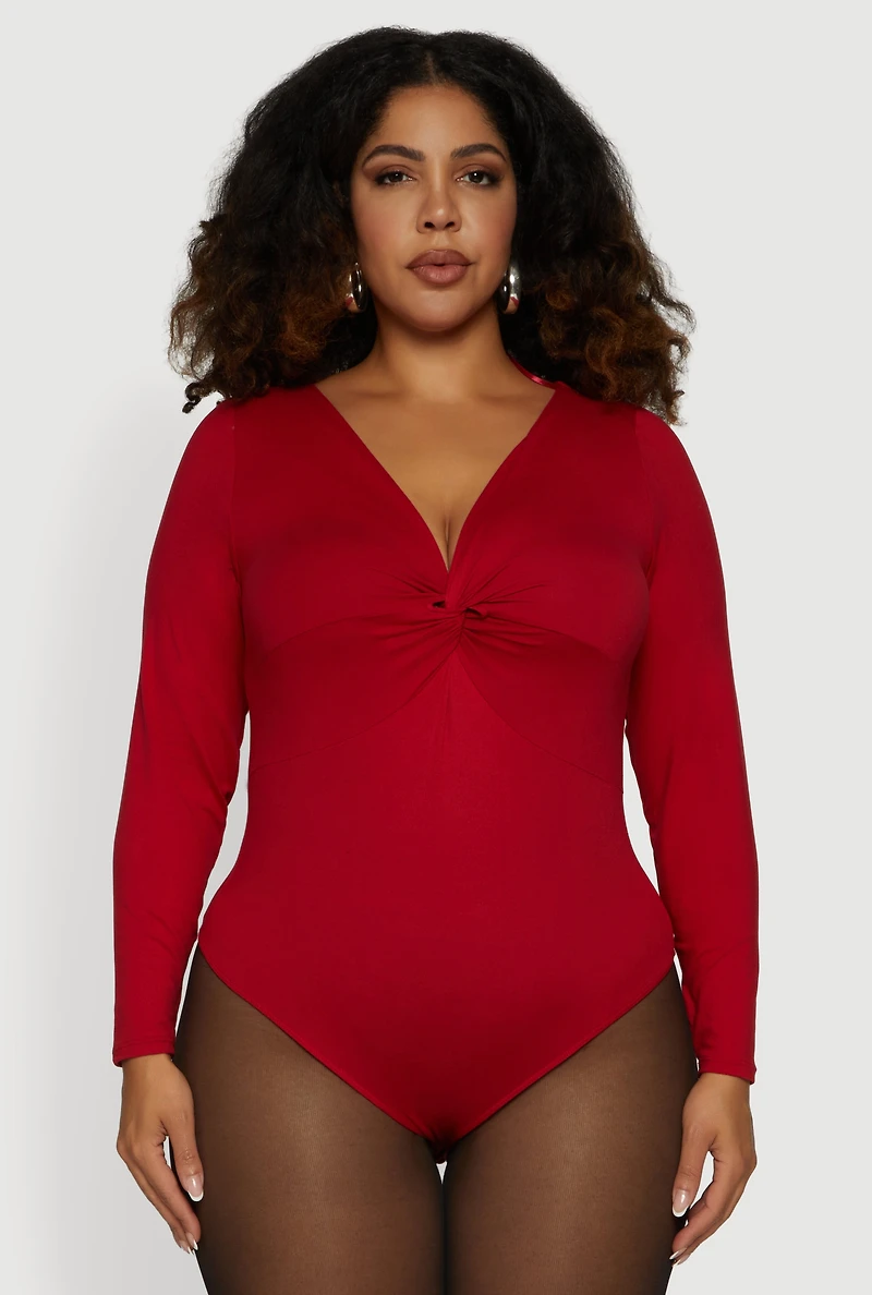Womens Plus Size Twist Front Plunge Neck Long Sleeve Bodysuit, Red, Size 2X