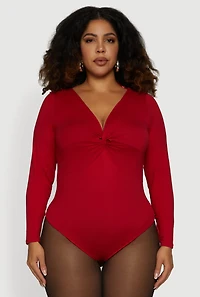 Womens Plus Size Twist Front Plunge Neck Long Sleeve Bodysuit, Red, Size 2X