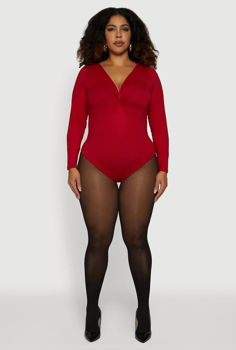 Womens Plus Size Twist Front Plunge Neck Long Sleeve Bodysuit, Red, Size 2X