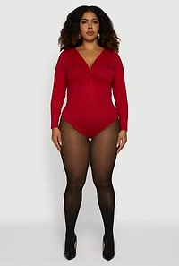 Womens Plus Size Twist Front Plunge Neck Long Sleeve Bodysuit, Red, Size 2X