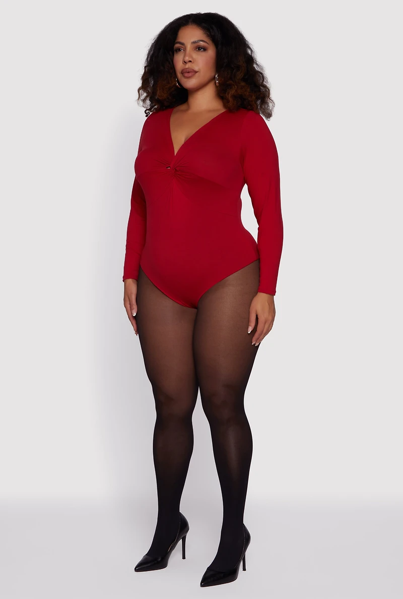 Womens Plus Size Twist Front Plunge Neck Long Sleeve Bodysuit, Red, Size 2X