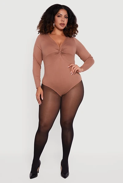 Womens Plus Size Twist Front Plunge Neck Long Sleeve Bodysuit, Beige, Size 3X