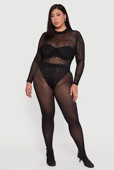Womens Plus Size Leopard Print Velvet Burnout Mock Neck Bodysuit, Black, Size 3X