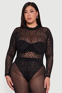 Womens Plus Size Leopard Print Velvet Burnout Mock Neck Bodysuit, Black, Size 3X
