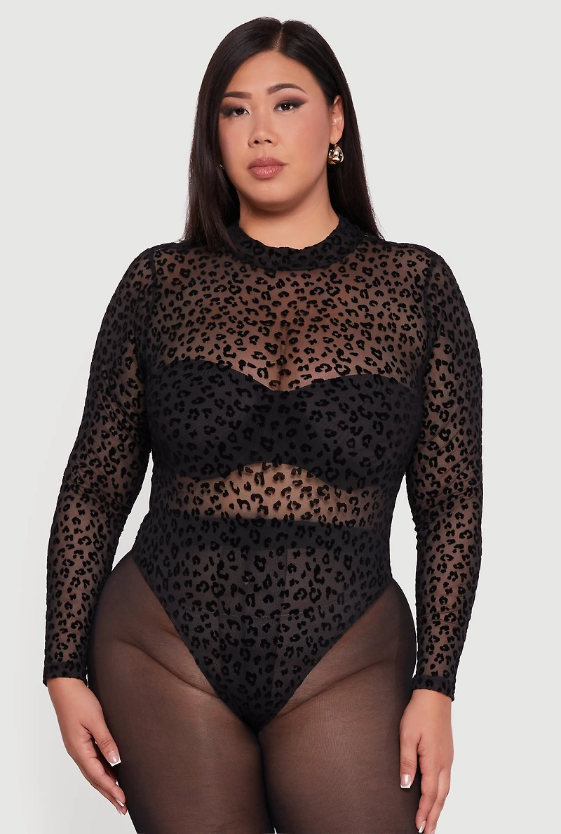 Womens Plus Size Leopard Print Velvet Burnout Mock Neck Bodysuit, Black, Size 2X