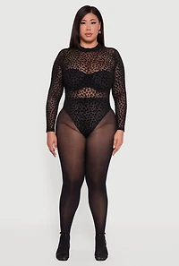 Womens Plus Size Leopard Print Velvet Burnout Mock Neck Bodysuit, Black, Size 3X
