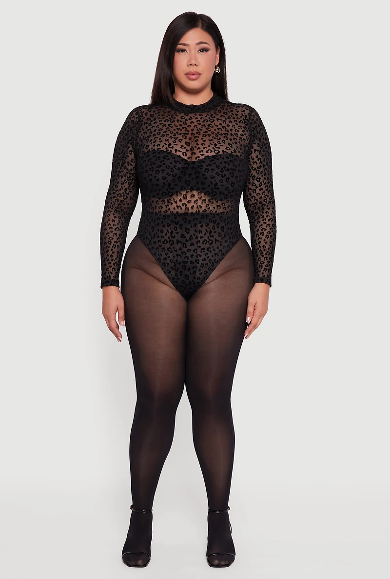 Womens Plus Leopard Print Velvet Burnout Mock Neck Bodysuit, Black,