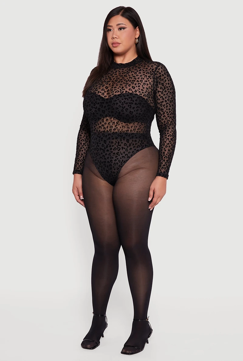 Womens Plus Size Leopard Print Velvet Burnout Mock Neck Bodysuit, Black, Size 3X