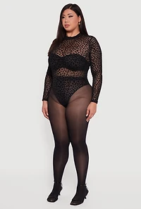 Womens Plus Size Leopard Print Velvet Burnout Mock Neck Bodysuit, Black, Size 3X