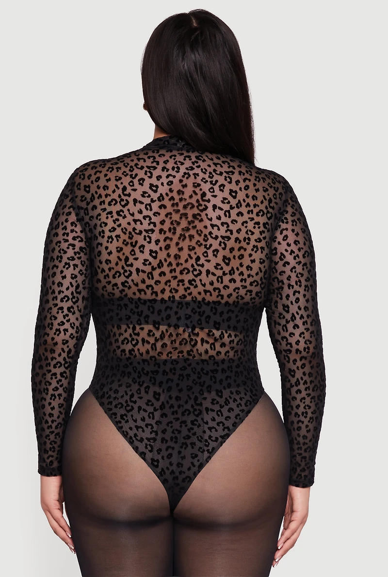 Womens Plus Leopard Print Velvet Burnout Mock Neck Bodysuit, Black,
