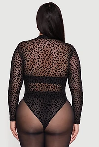 Plus Leopard Print Velvet Burnout Mock Neck Bodysuit