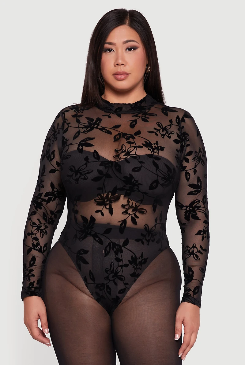 Womens Plus Floral Velvet Burnout Mock Neck Bodysuit, Black,