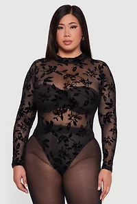 Womens Plus Floral Velvet Burnout Mock Neck Bodysuit, Black,