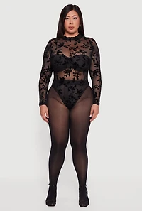 Womens Plus Floral Velvet Burnout Mock Neck Bodysuit, Black,