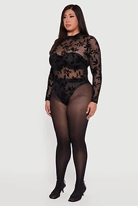 Womens Plus Floral Velvet Burnout Mock Neck Bodysuit, Black,