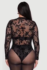 Womens Plus Floral Velvet Burnout Mock Neck Bodysuit, Black,