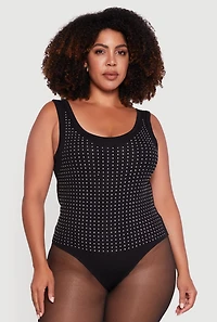 Womens Plus Size Rhinestone Studded Scoop Neck Bodysuit, Black, Size 1X