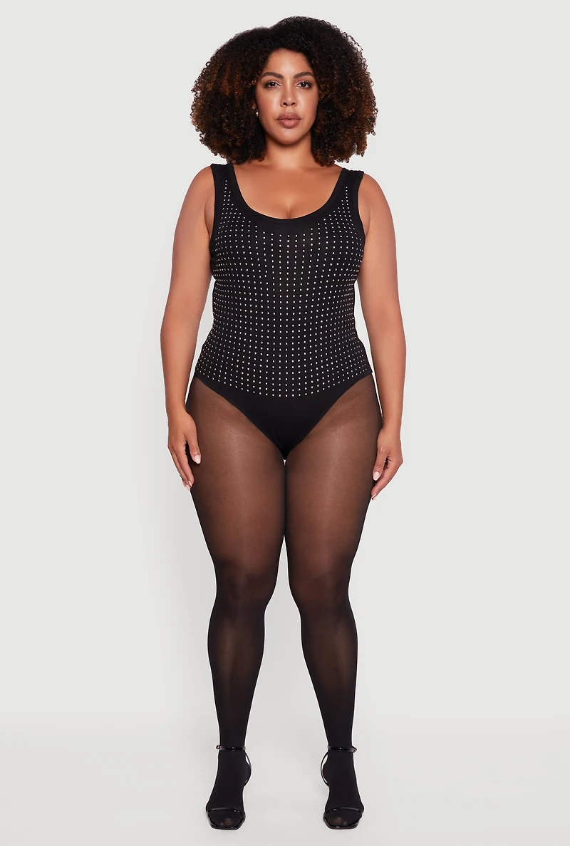 Womens Plus Size Rhinestone Studded Scoop Neck Bodysuit, Black, Size 1X