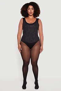 Womens Plus Rhinestone Studded Scoop Neck Bodysuit, Black,