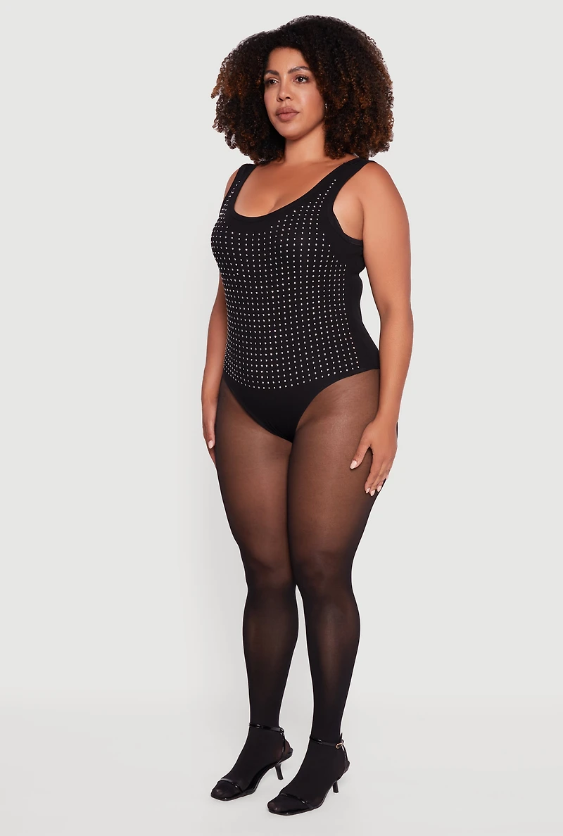 Womens Plus Rhinestone Studded Scoop Neck Bodysuit, Black,