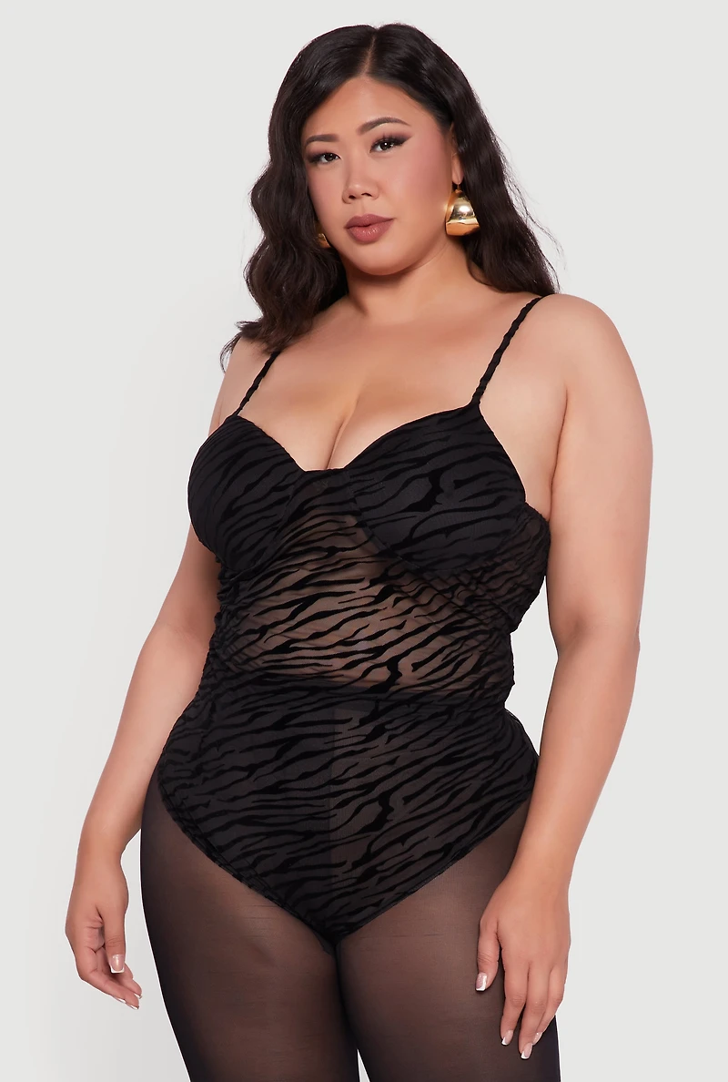 Womens Plus Size Zebra Print Velvet Burnout Padded Bodysuit, Black, Size 3X