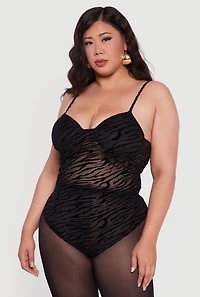 Womens Plus Size Zebra Print Velvet Burnout Padded Bodysuit, Black, Size 3X