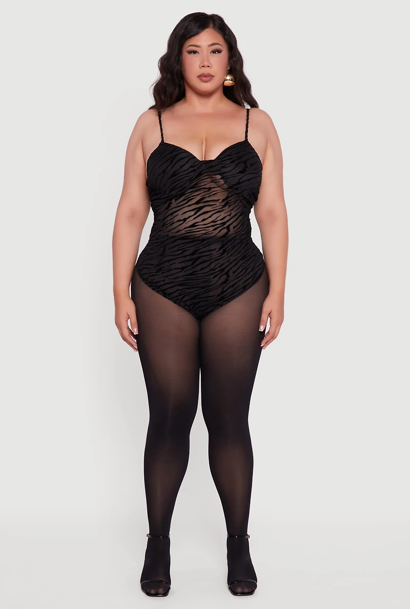 Womens Plus Size Zebra Print Velvet Burnout Padded Bodysuit, Black, Size 2X