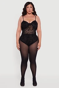 Womens Plus Size Zebra Print Velvet Burnout Padded Bodysuit, Black, Size 1X