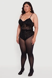 Womens Plus Size Zebra Print Velvet Burnout Padded Bodysuit, Black, Size 1X