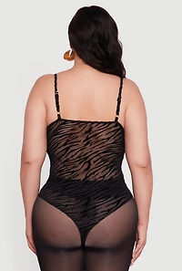 Womens Plus Size Zebra Print Velvet Burnout Padded Bodysuit, Black, Size 3X
