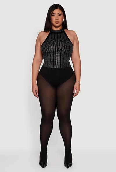 Womens Plus Size Patterned Rhinestone Sleeveless Bodysuit, Black, Size 2X-3X