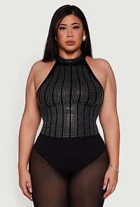 Plus Patterned Rhinestone Sleeveless Bodysuit