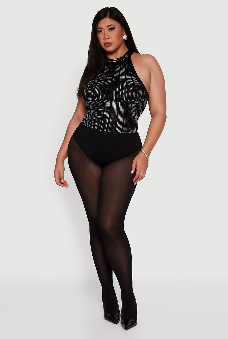 Plus Patterned Rhinestone Sleeveless Bodysuit