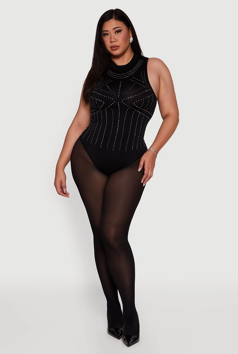 Womens Plus Size Rhinestone Seamless High Neck Bodysuit, Black, Size 2X-3X