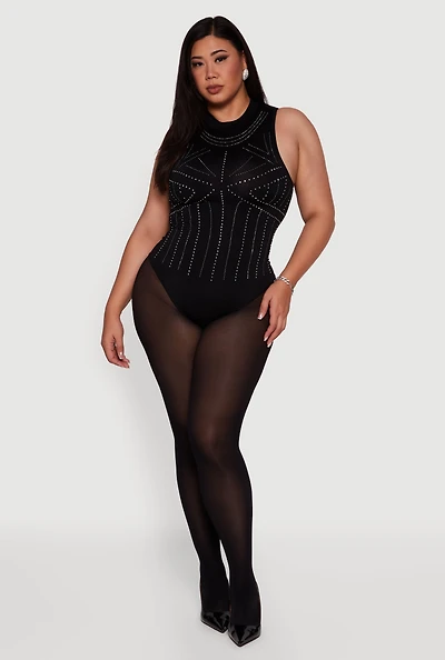 Womens Plus Size Rhinestone Seamless High Neck Bodysuit, Black, Size 2X-3X