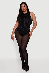 Womens Plus Size Rhinestone Seamless High Neck Bodysuit, Black, Size 2X-3X
