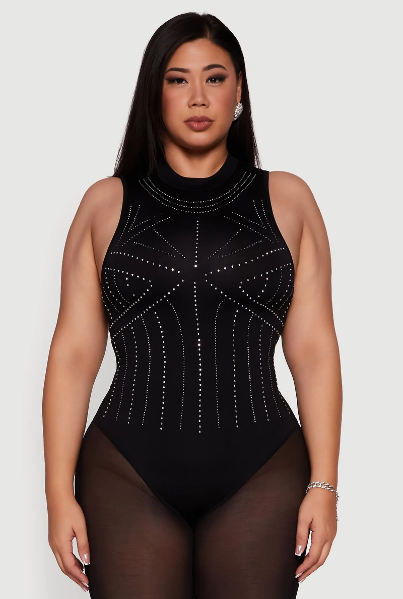 Womens Plus Size Rhinestone Seamless High Neck Bodysuit, Black, Size 2X-3X
