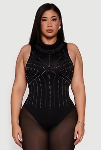 Womens Plus Size Rhinestone Seamless High Neck Bodysuit, Black, Size 2X-3X