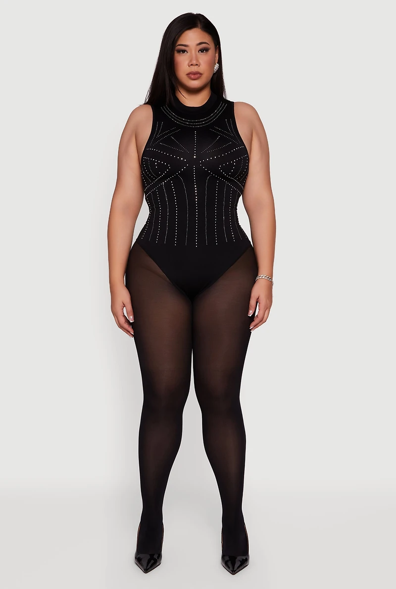 Womens Plus Size Rhinestone Seamless High Neck Bodysuit, Black, Size 2X-3X