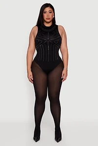 Womens Plus Size Rhinestone Seamless High Neck Bodysuit, Black, Size 2X-3X
