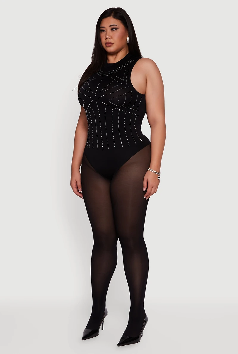 Womens Plus Size Rhinestone Seamless High Neck Bodysuit, Black, Size 2X-3X