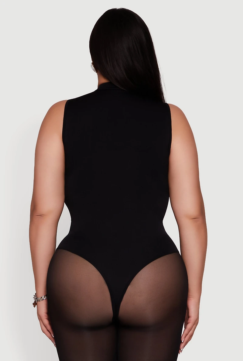 Womens Plus Size Rhinestone Seamless High Neck Bodysuit, Black, Size 2X-3X