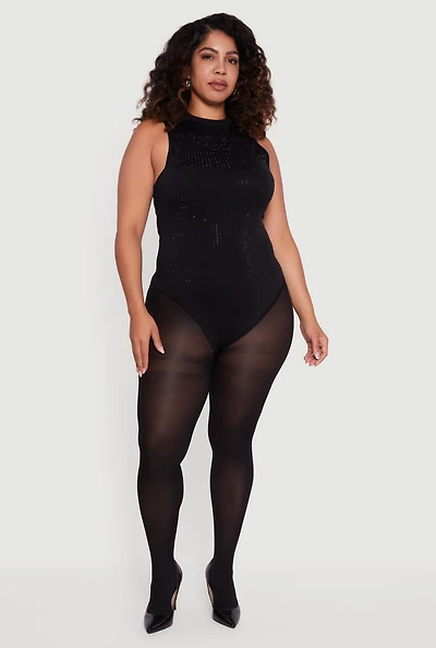 Womens Plus Rhinestone Detail Sleeveless Mock Neck Bodysuit, 1X-2X