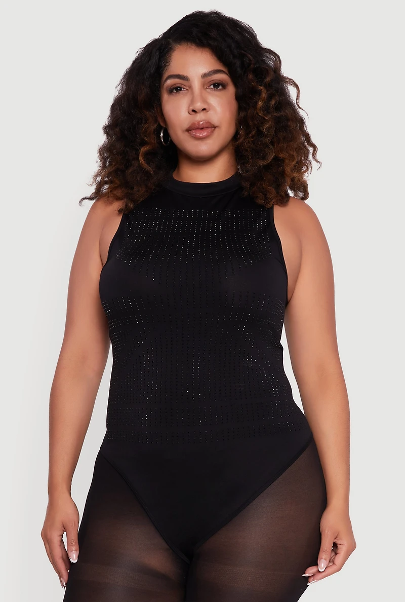 Womens Plus Size Rhinestone Detail Sleeveless Mock Neck Bodysuit, Black, Size 1X-2X