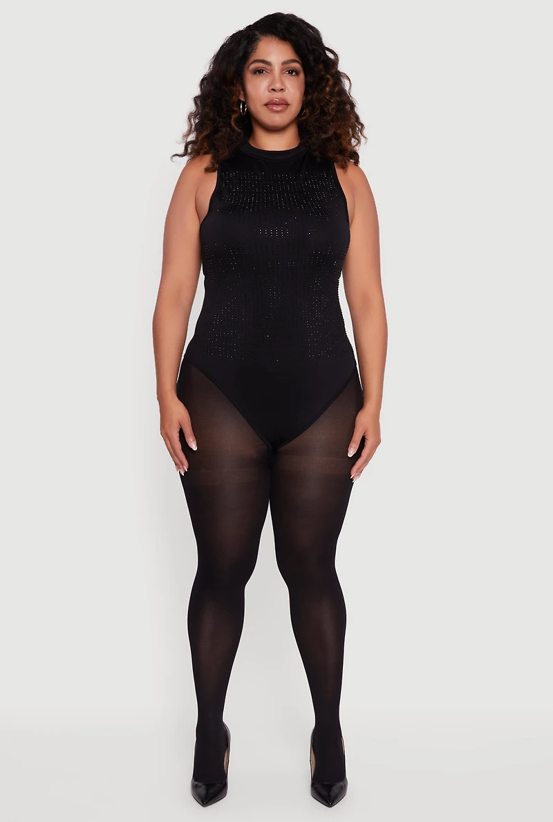Womens Plus Size Rhinestone Detail Sleeveless Mock Neck Bodysuit, Black, Size 1X-2X