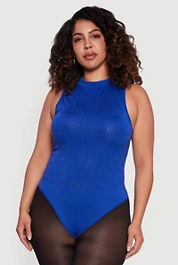 Womens Plus Size Rhinestone Detail Sleeveless Mock Neck Bodysuit, Blue, Size 2X-3X