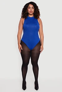 Womens Plus Size Rhinestone Detail Sleeveless Mock Neck Bodysuit, Blue, Size 2X-3X