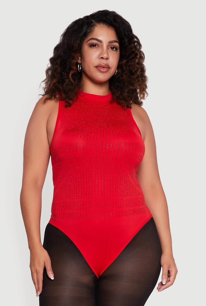 Plus Rhinestone Detail Sleeveless Mock Neck Bodysuit